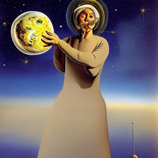 old shepherd woman holding Earth in space with stars