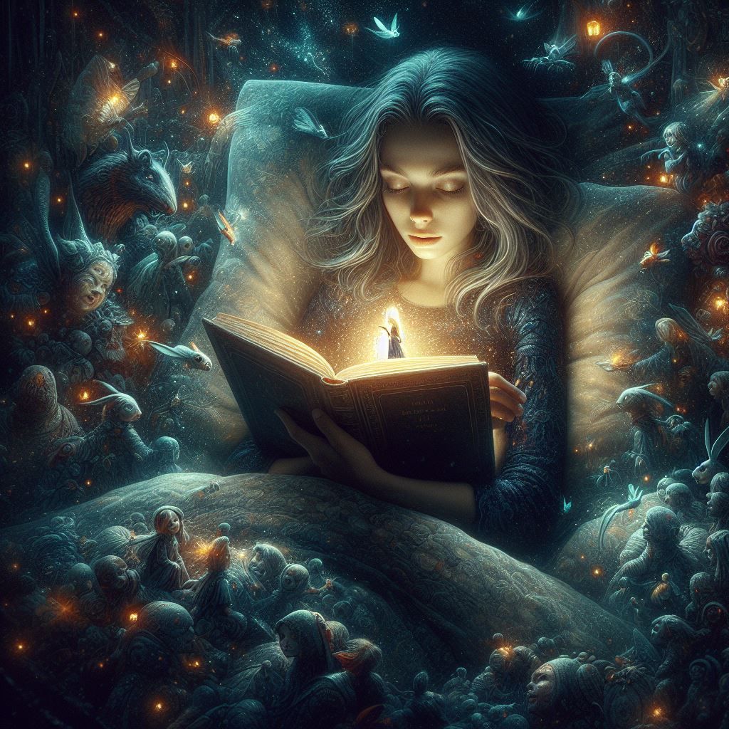 With only a tiny book light, she bundles up in bed and imagi...
