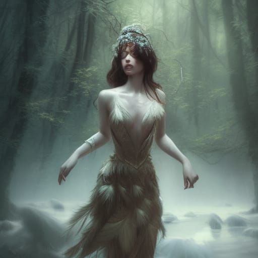 Swan Woman Portrait in a Dark Forest