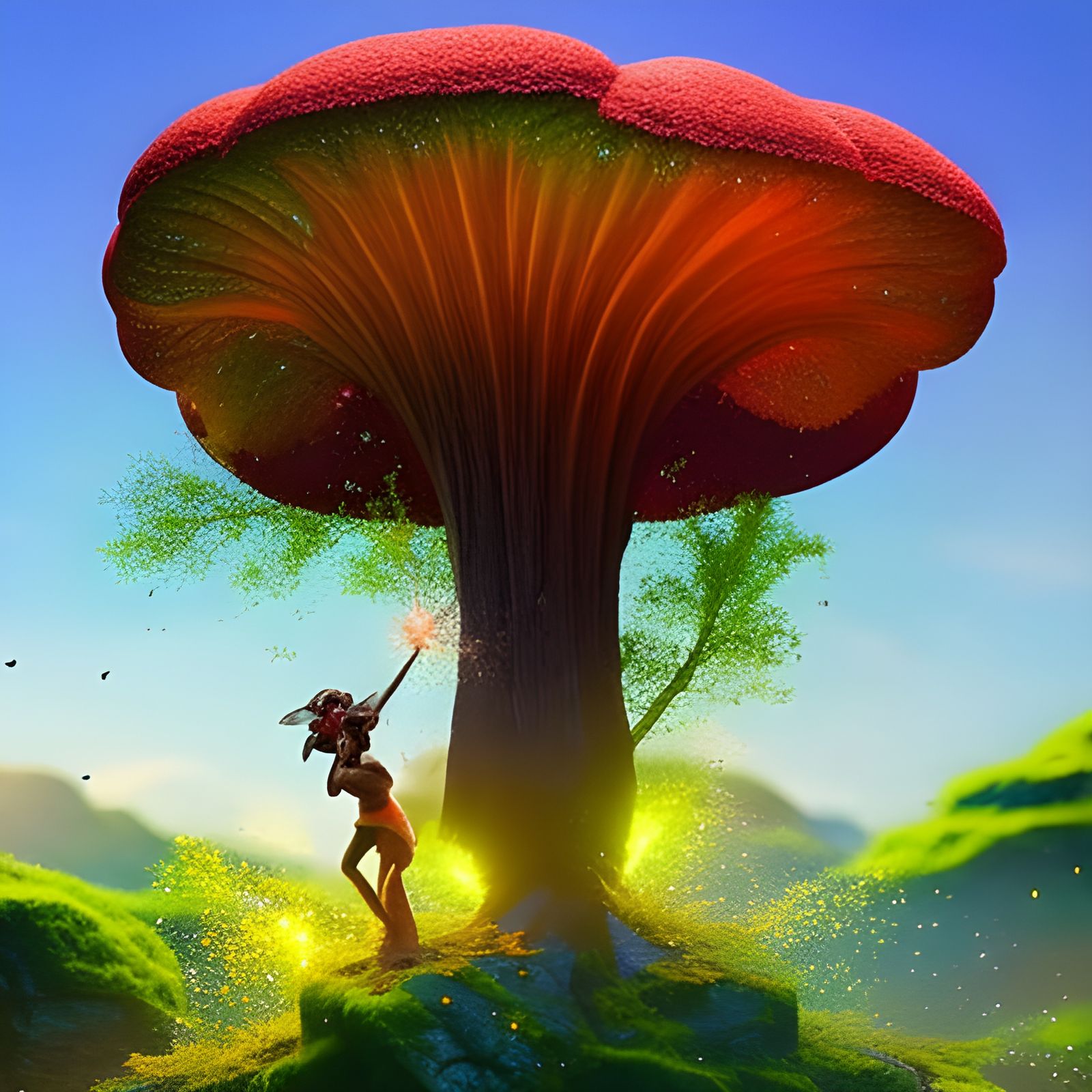 Microscopic Fairies Under Sparkling Exotic Mushroom