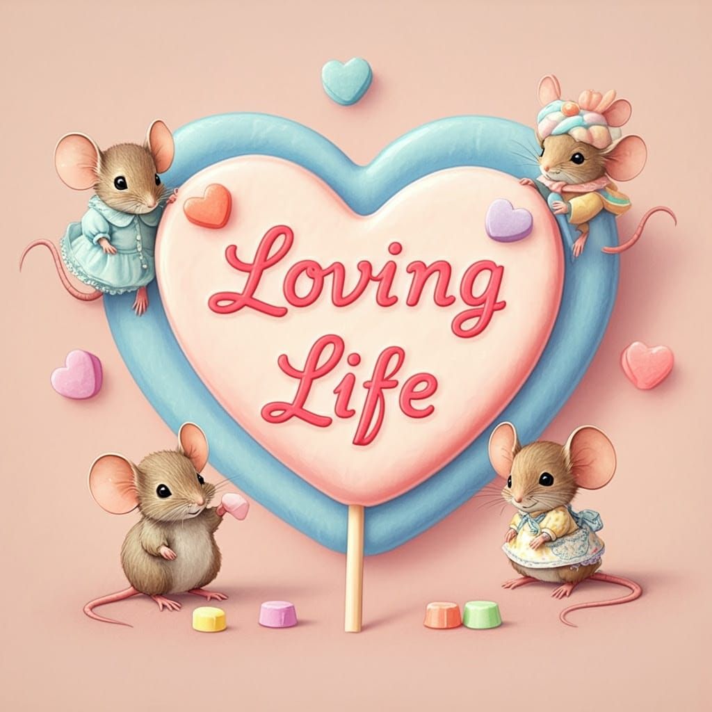 Whimsical Candy Hearts in Pastel Colors with Delicate Mice