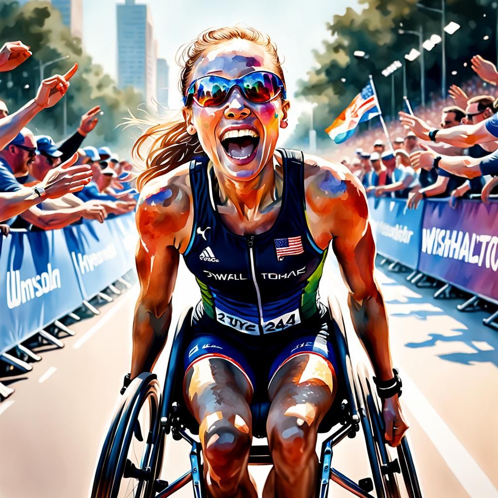 Excited Young Paralympic wheelchair athlete proudly finishes her race   by @Loving the Impressionists