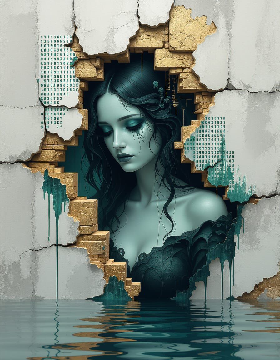 melancholic female figure dissolving into a wall  by @Shoshannah