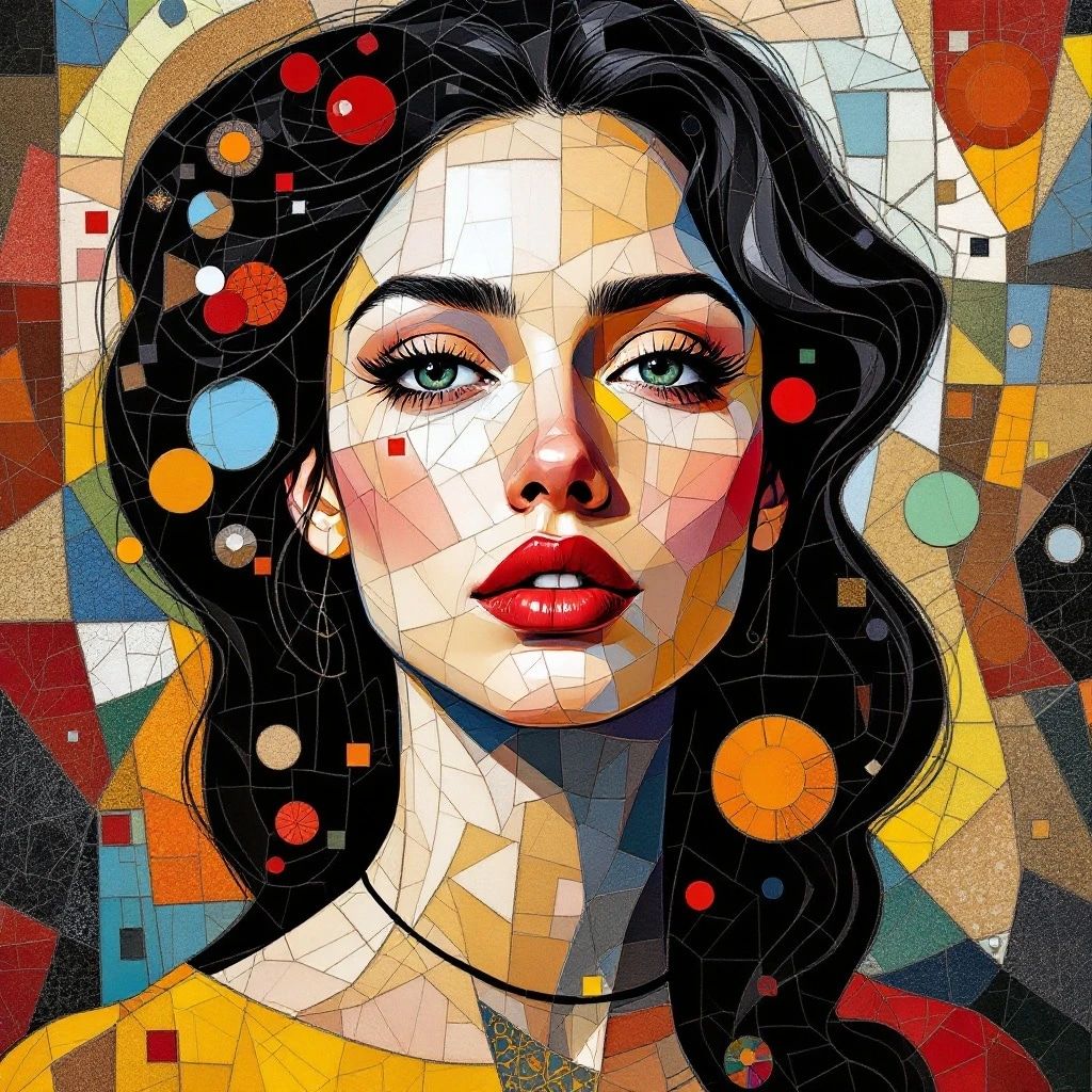 mosaic, in the style of Picasso, portrait of a beautiful woman