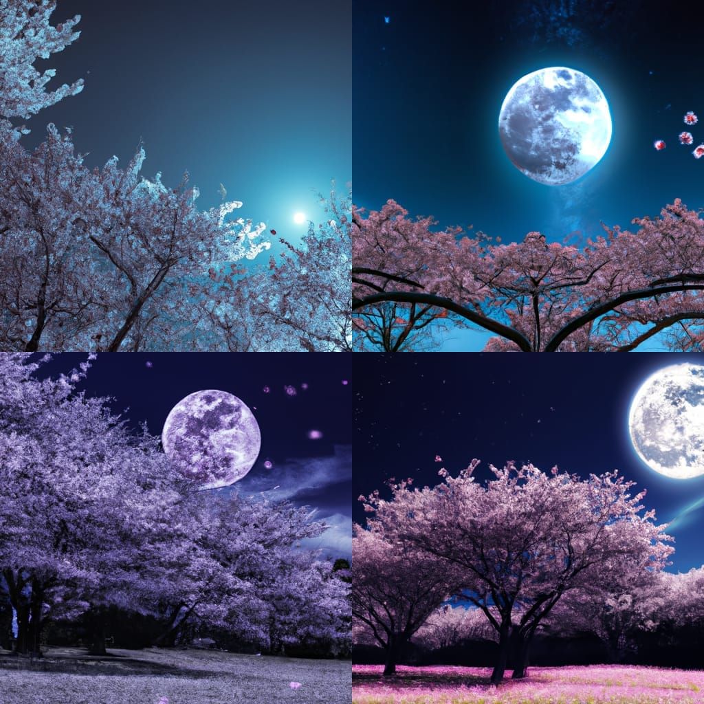 Sakura trees in dreamy night sky under the moonlight
