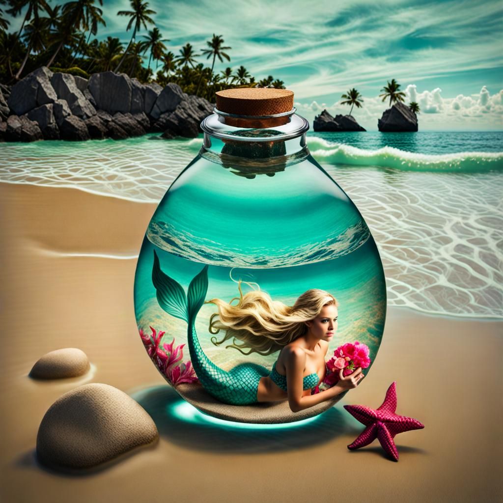 Mermaid Trapped in a Bottle Washed Ashore - AI Generated Artwork ...