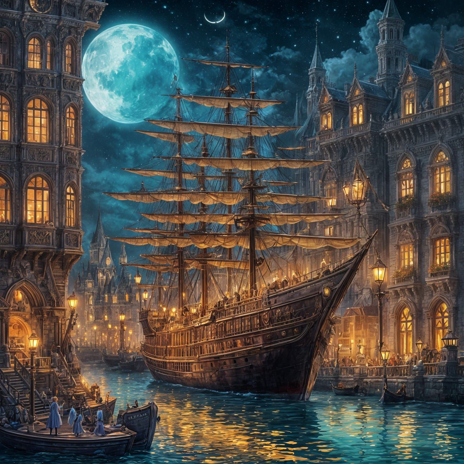 Gothic Ship Sails on River at Night