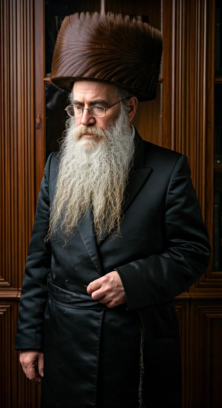 Serious Hasidic Jewish Man in Traditional Attire, Lost in Th...