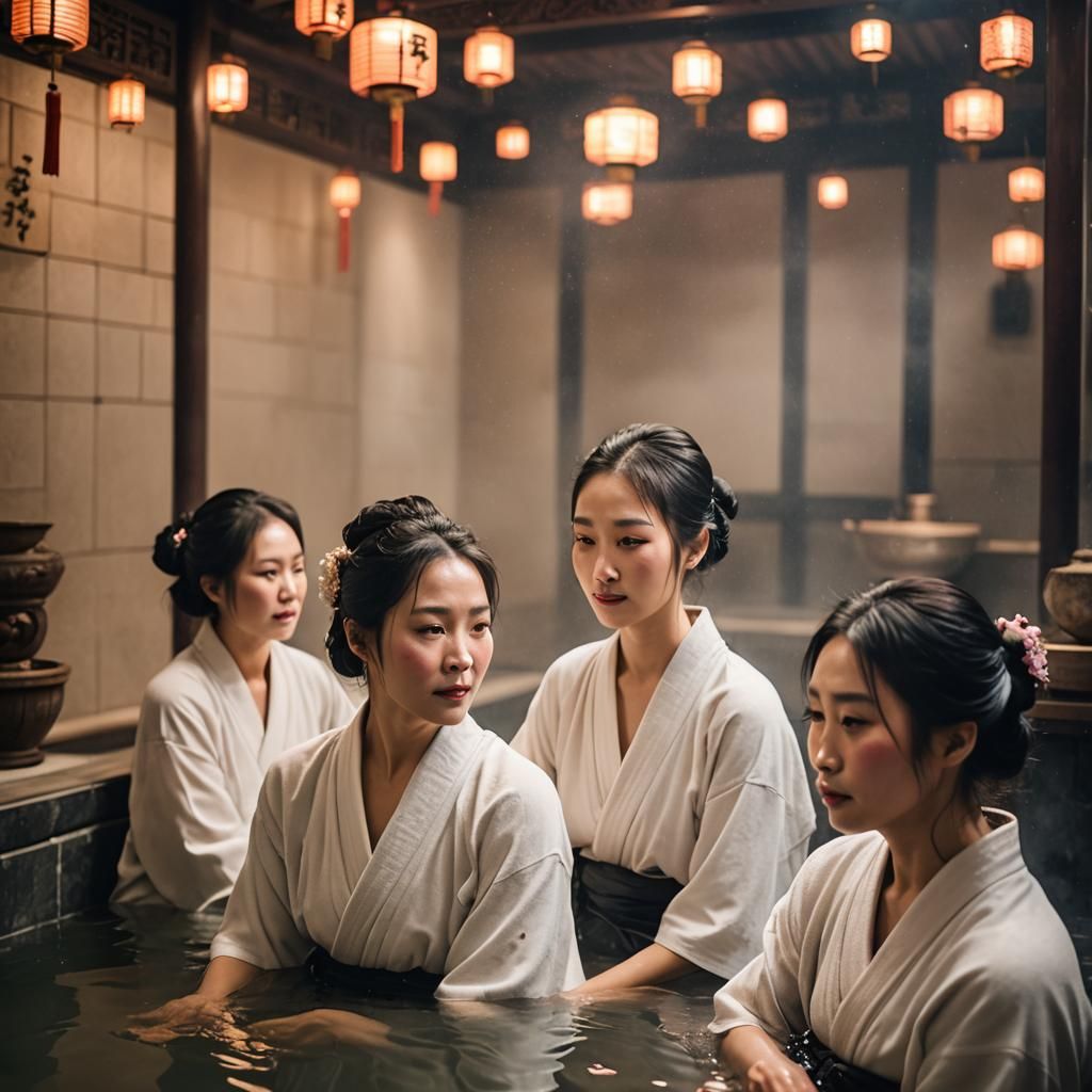 Bathing women in a Chinese bathhouse, classic look, 500 BC