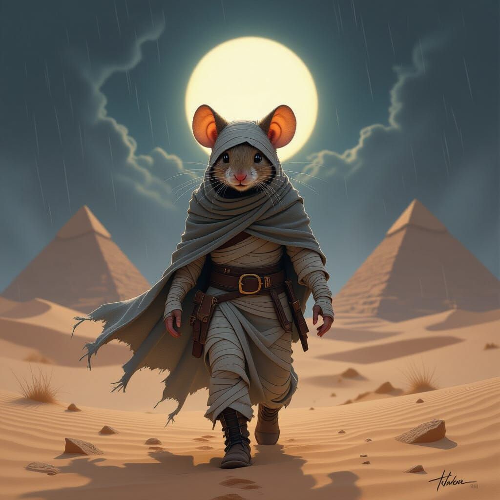 Finn, an anthropomorphic forest mouse, appears as an ancient mummy. His body is wrapped in tattered bandages, with a worn grey cloak draped ...