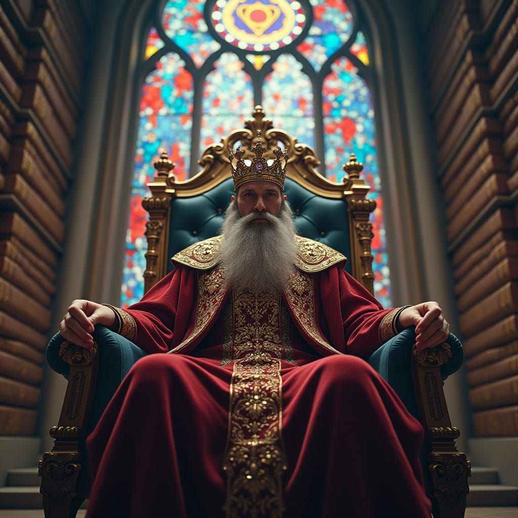 Ancient Bearded King in Velvet Robes with Majestic Crown
