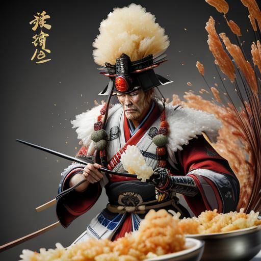 Japanese Samurai eye-balling a ginger sauce sparingly drizzl...
