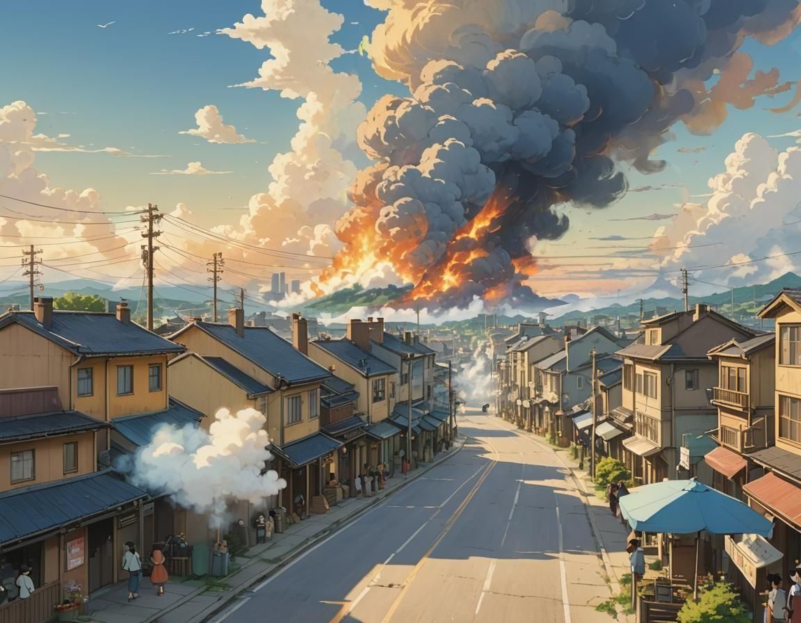 "paisaje diurno muy lejano de una pequeña ciudad, se ve en un extremo de la ciudad una casa en llamas, sale humo y corren personas, colores...