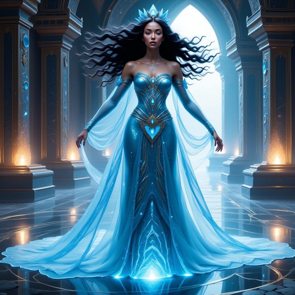 Ice queen in regal form with a elaborate dress of ice crystals stands in her room Tranquility <lora:Shari Dreams:1.0> 