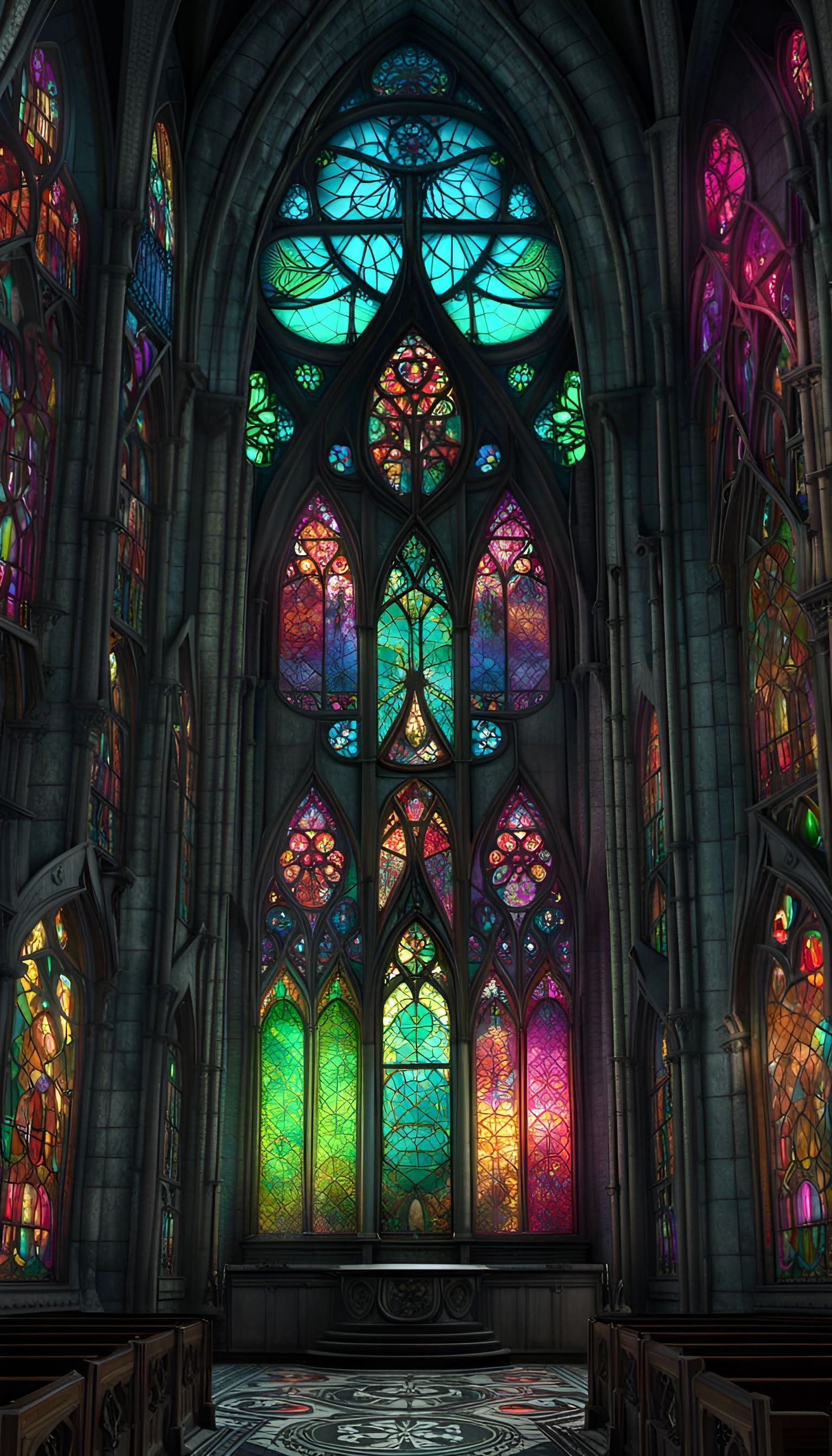 Gothic Cathedral with Bioluminescent Stained Glass in 3D