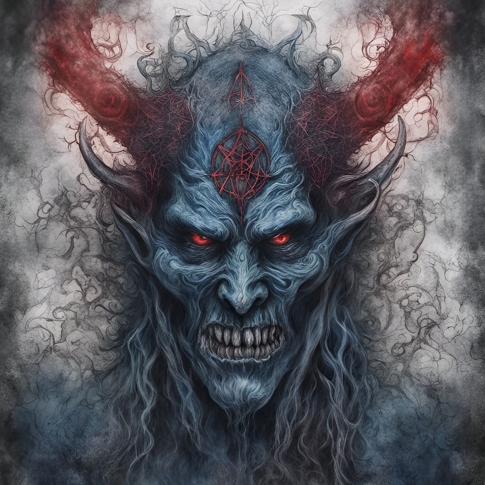 Evil scary Satanic Demon in Hell mystic blue and black and r...