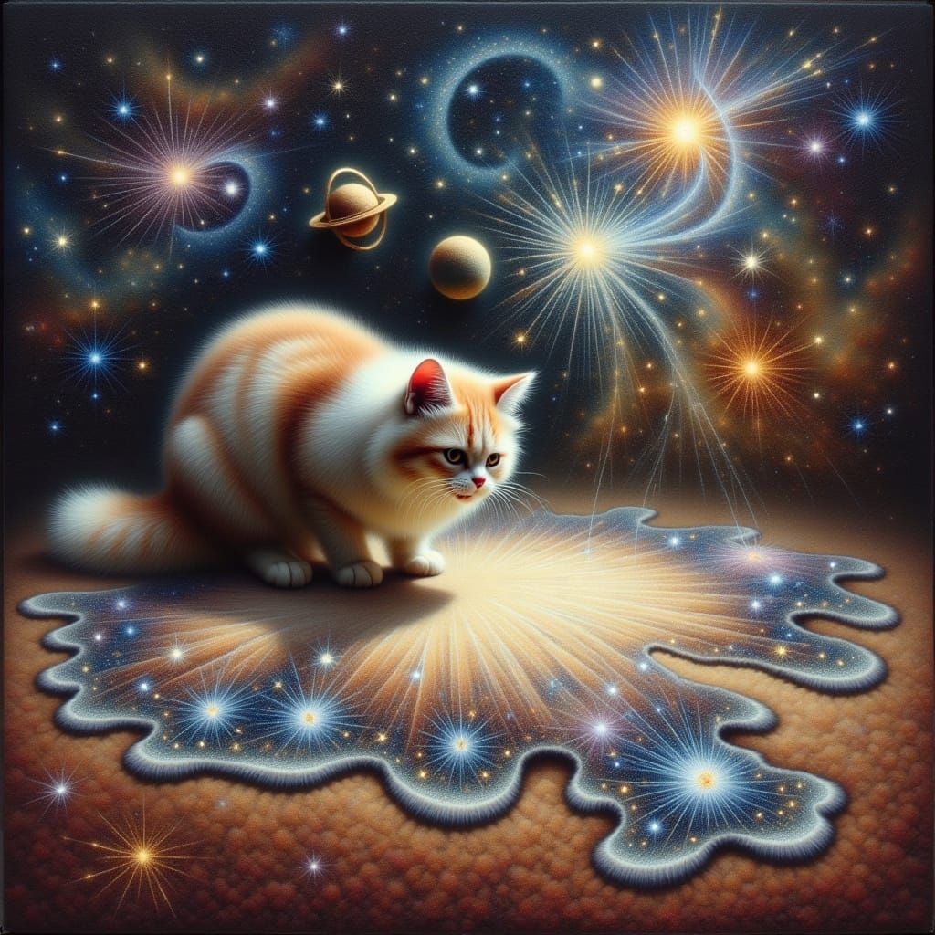 <lora:felt:1.0> Oil painting on felt. cat laps thick star cosmic milk that spilled onto the floor from an overturned can, planets, constella...