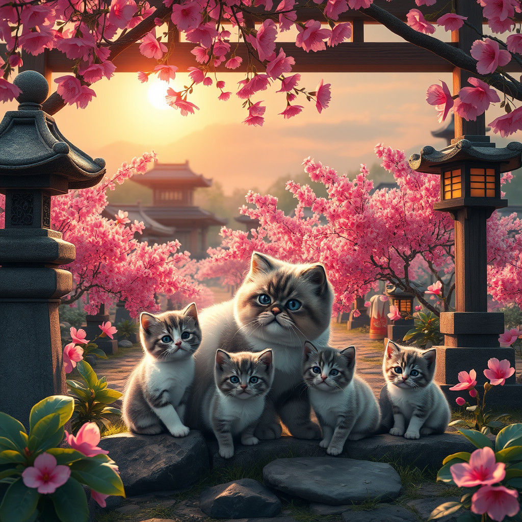 Scottish Fold Cat and Kittens in Japanese Garden