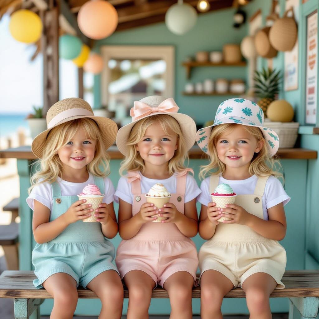 Triplet Girls Enjoying Ice Cream on Coastal Boardwalk