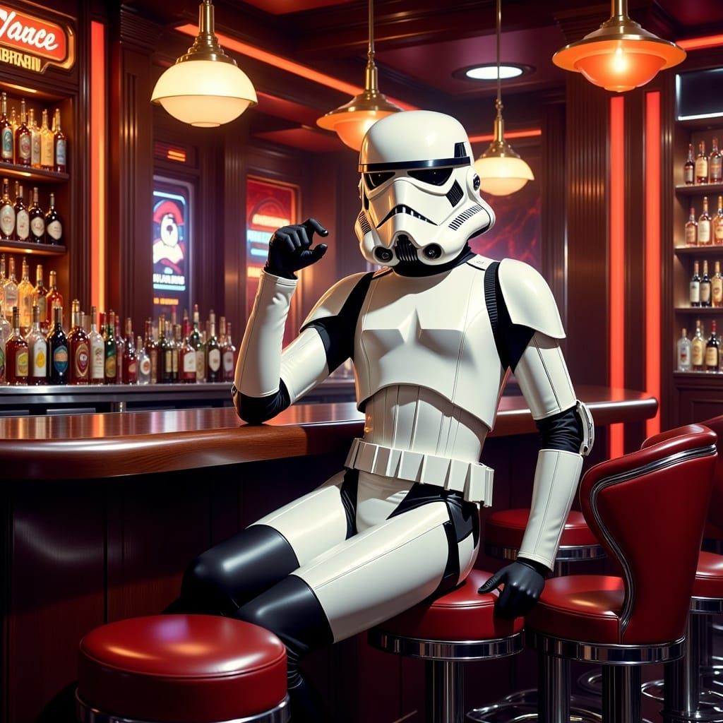 <lora:Retro Future Flux:1.0> A stormtrooper sitting in a galactic bar
