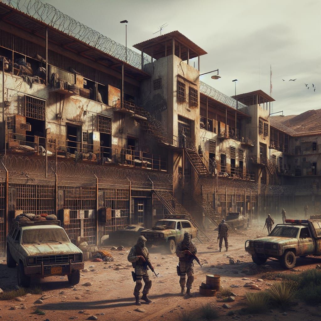 2560x1440p resolution:

A rundown Bolivian jail in the heart of a dusty town, surrounded by high, rusted fences topped with barbed wire. The...