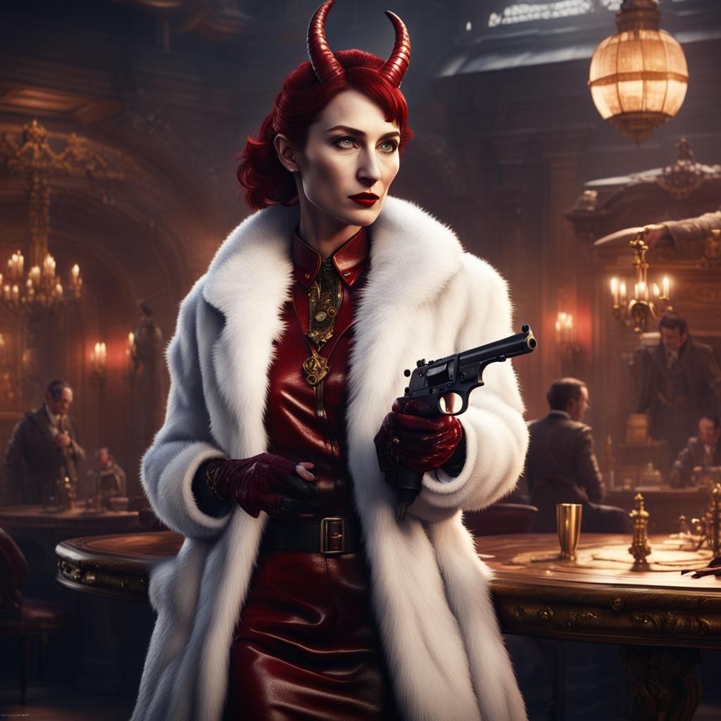 Tiefling mobster. White fur jacket with red spots, maroon le...
