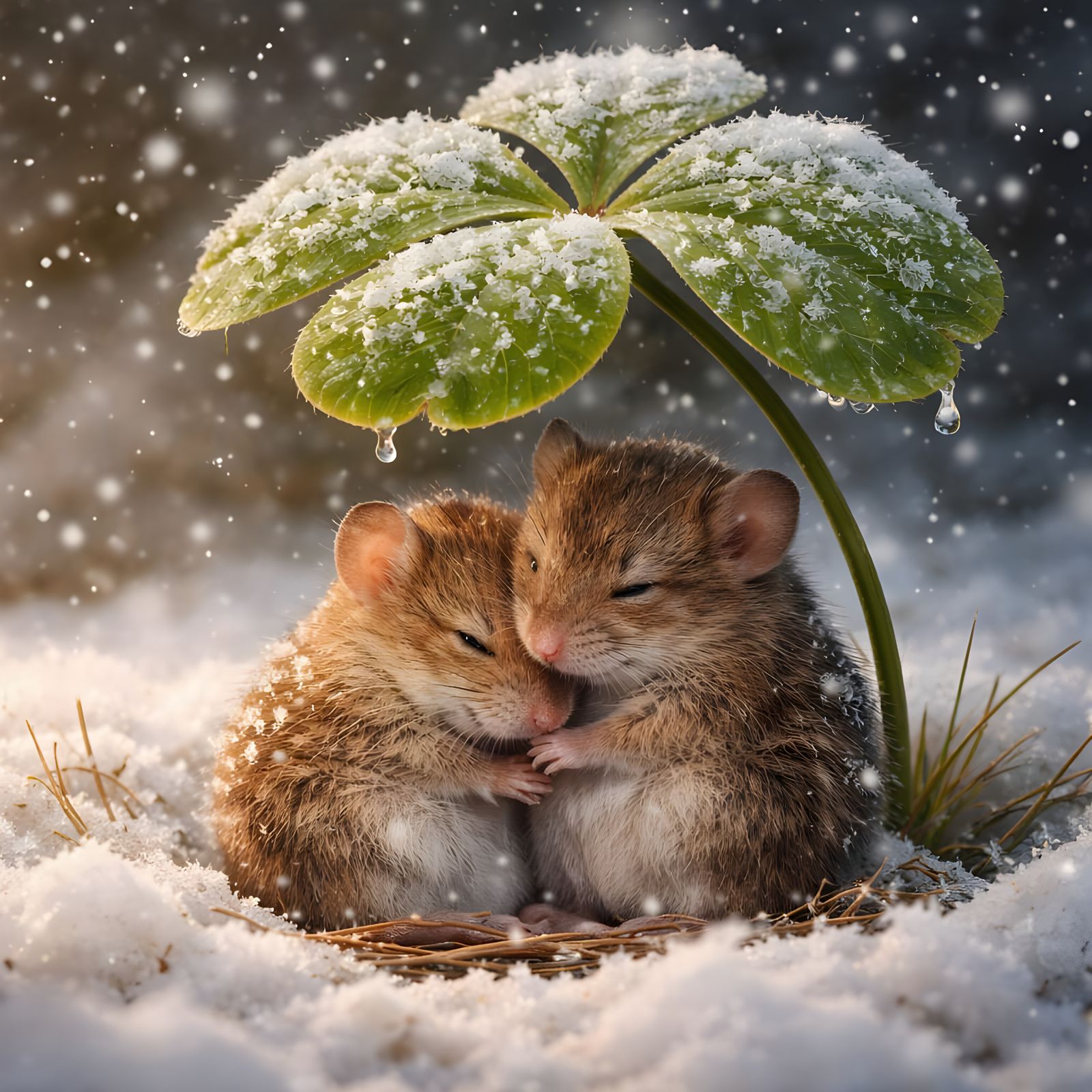 Two field mice hug each other to stay warm under a four leaf clover that is shaped like an umbrella in ...  by @Revenant_