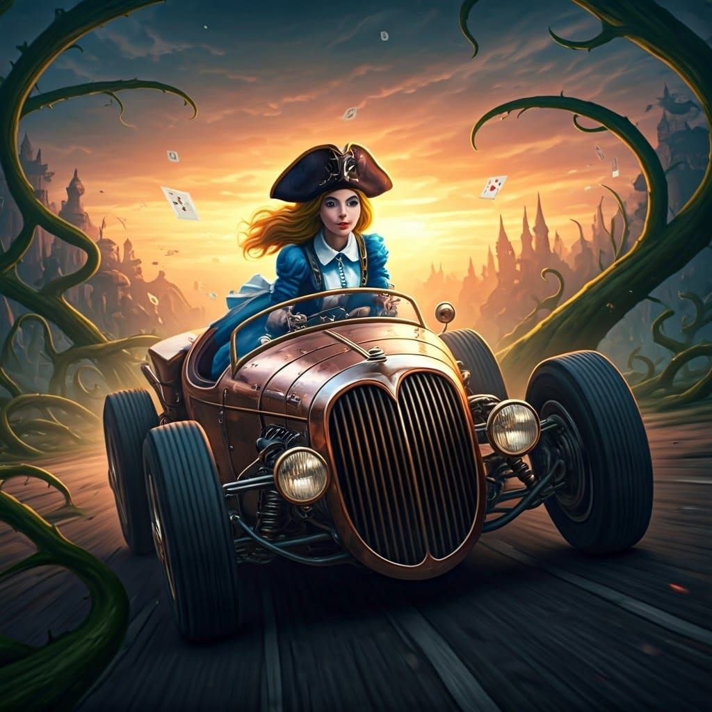 Alice of wonderland dressed as a pirate driving a race car