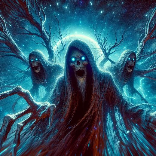 a scary nightmare, a scene where nightwalker apparitions seem to defy human faith