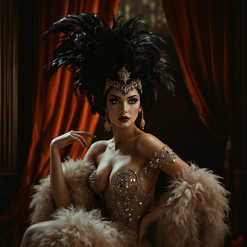A vintage Parisian showgirl, adorned with an extravagant feathered headdress and a glittering, sequined ...  by @CanisLupisDude 