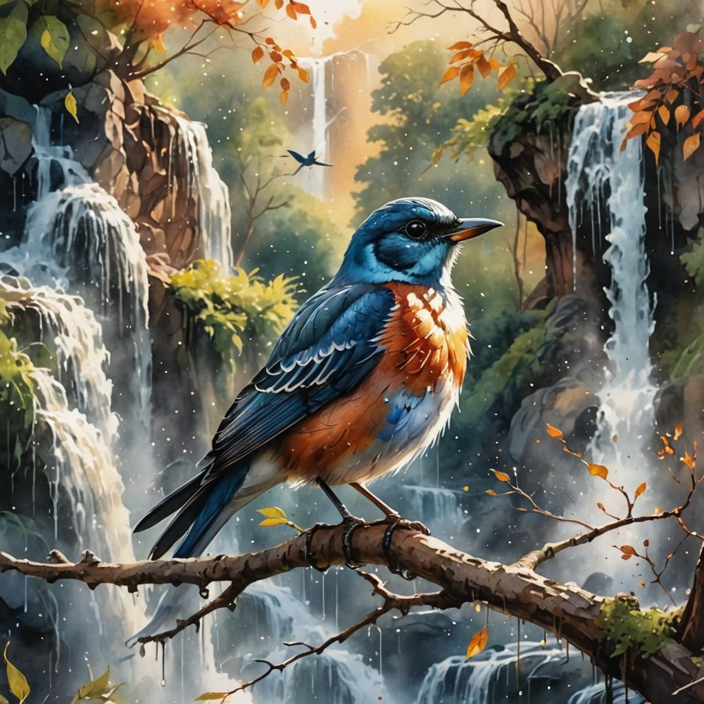 a beautiful watercolor and splash art of a close up of a bir...