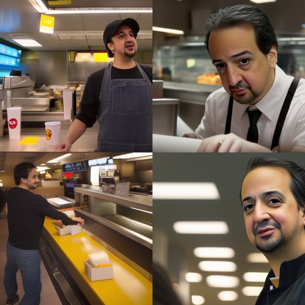 Lin Manuel Miranda working at Mc Donalds. cinematic shot, ci...