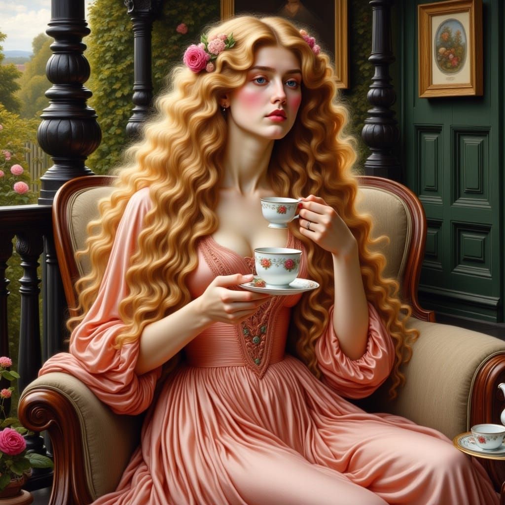 <lora:Pre Raphaelite Flux:1.0> Portrait in Pre-Raphaelite style of a beautiful woman, long wavy blonde hair, adorned in a shiny satiny peach...