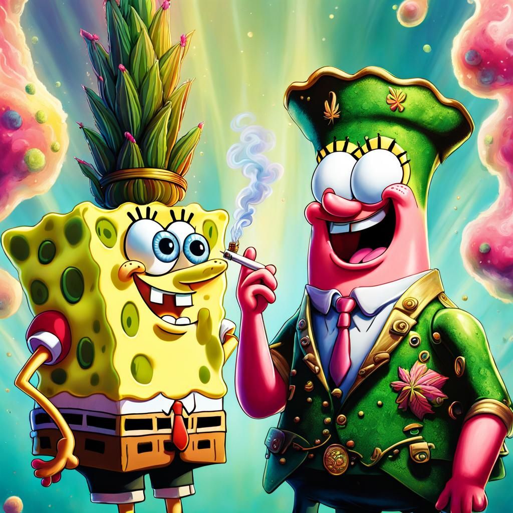 SpongeBob and Patrick smoking marijuana getting super high - AI ...