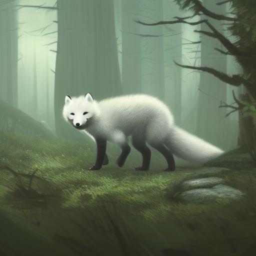 A arctic fox wandering a forest at night