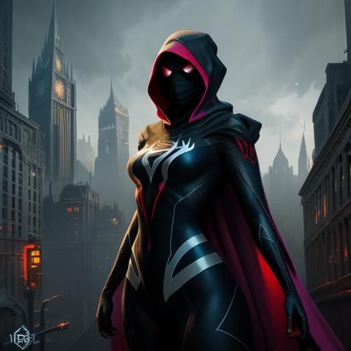 Spider Gwen, with hood and mask, as a colossal giant woman, in a city ...