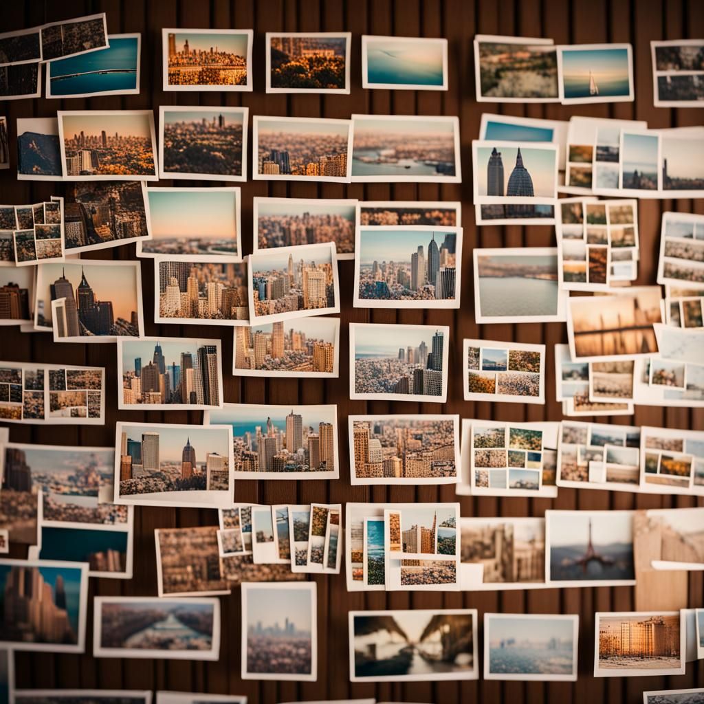 An extensive collection of postcards from all over the world pinned to