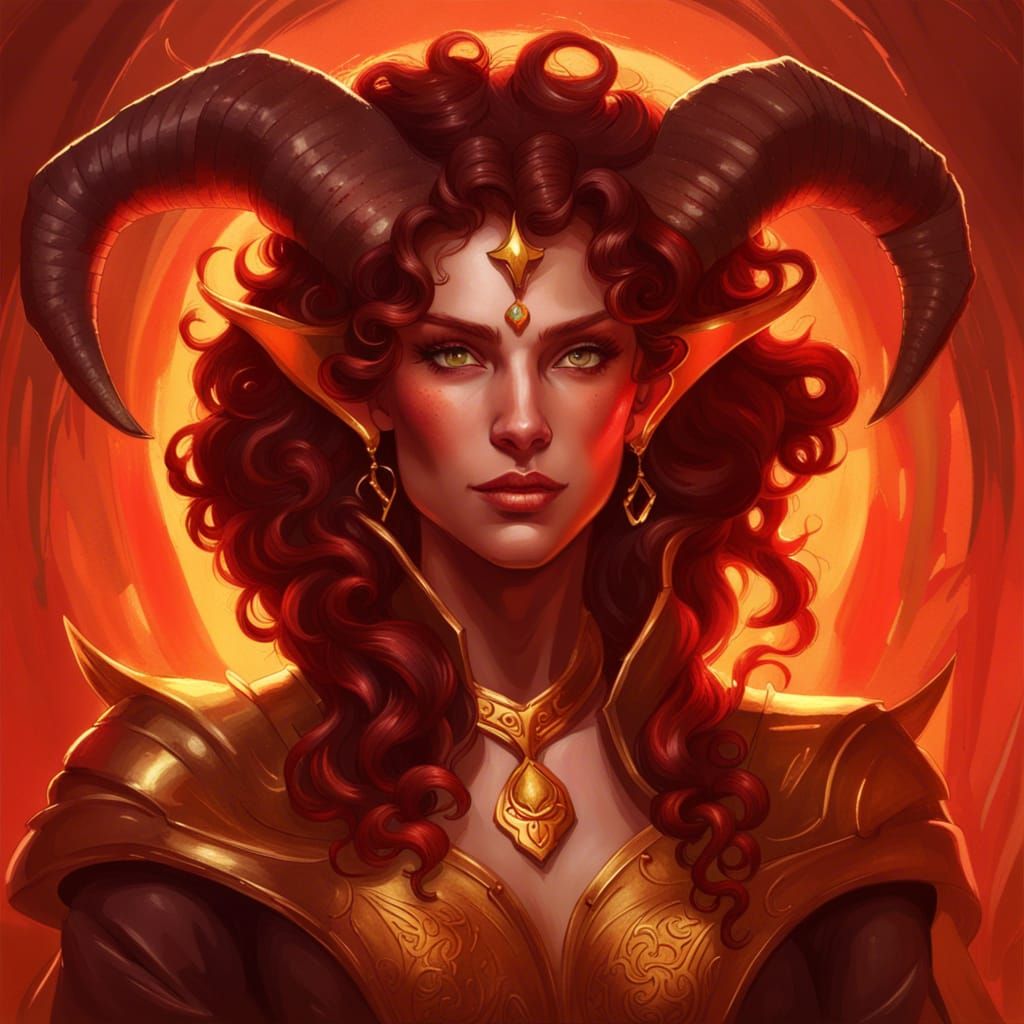 Red skinned tiefling with dark curly hair and gold colored eyes noble ...