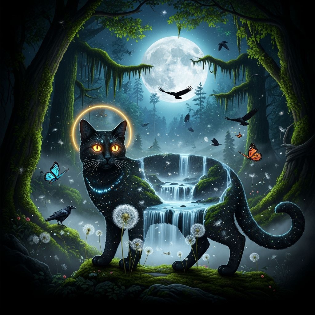 A surreal double-exposure animation blends a dark silhouette of a black cat with a mystical forest landscape unfolding inside its form. The ...