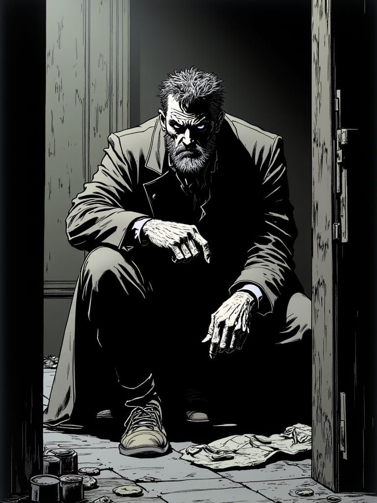 hardboiled detective with sarcastic rumpled appearance squatting looking for clues in ransacked room in the style of <lora:GrittyComic:1.0>,...