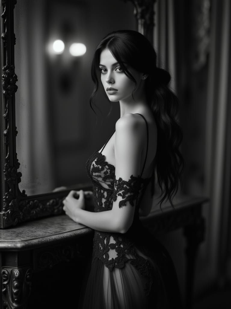 <lora:Double BlackWhite v1:1.0> Black and white photo portrait of a beautiful woman, elegant, in front of a mirror