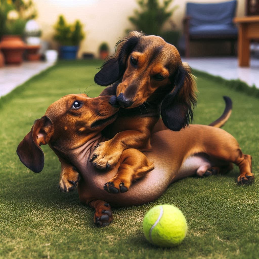 Two dachshunds wrestling