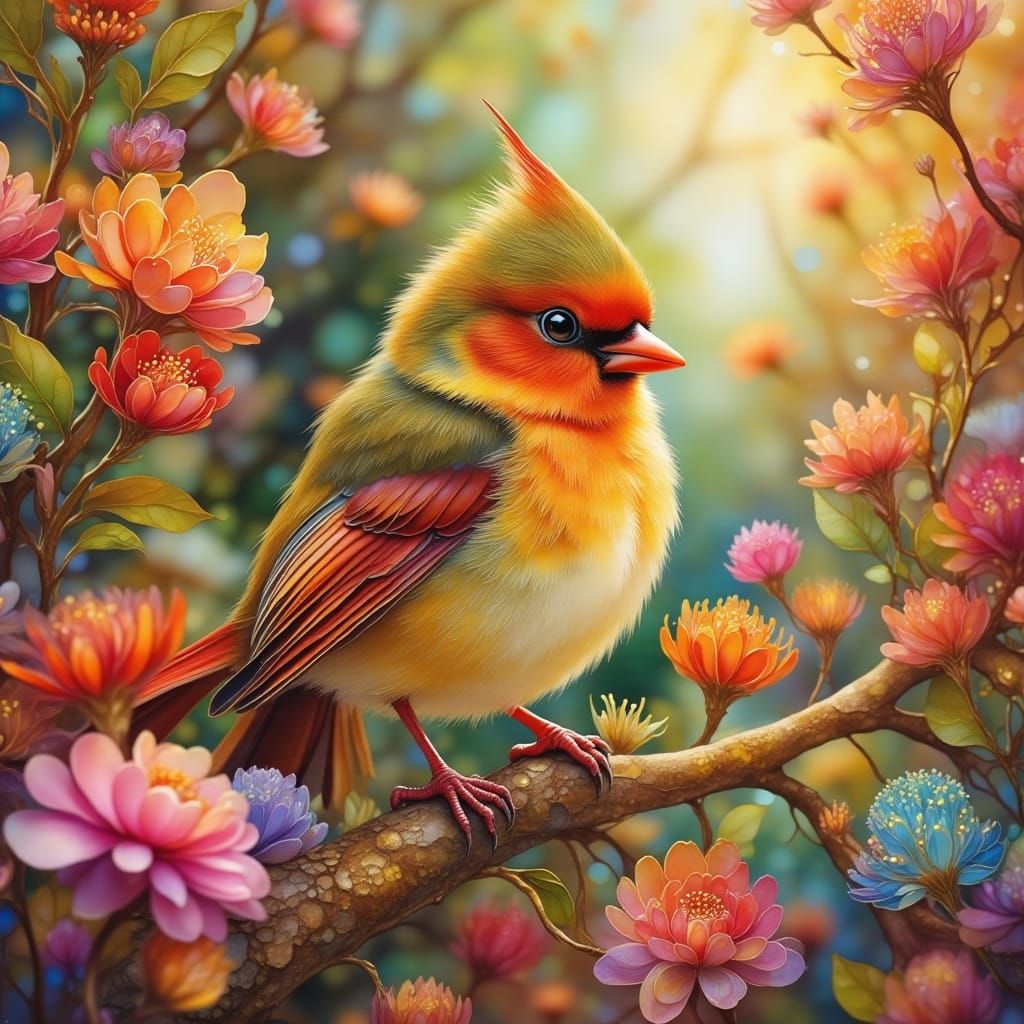 <lora:PR AlcoholWCGlass:1.0> Baby fluffy cardinal in a beautiful flower garden   by @Melissa Fischer