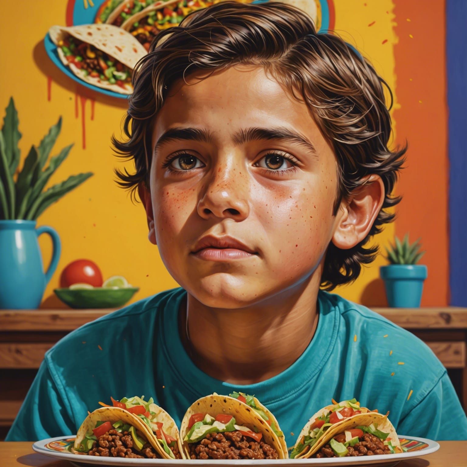 Boy Dreaming of tacos in his bedroom Hyperrealistic, splash art ...