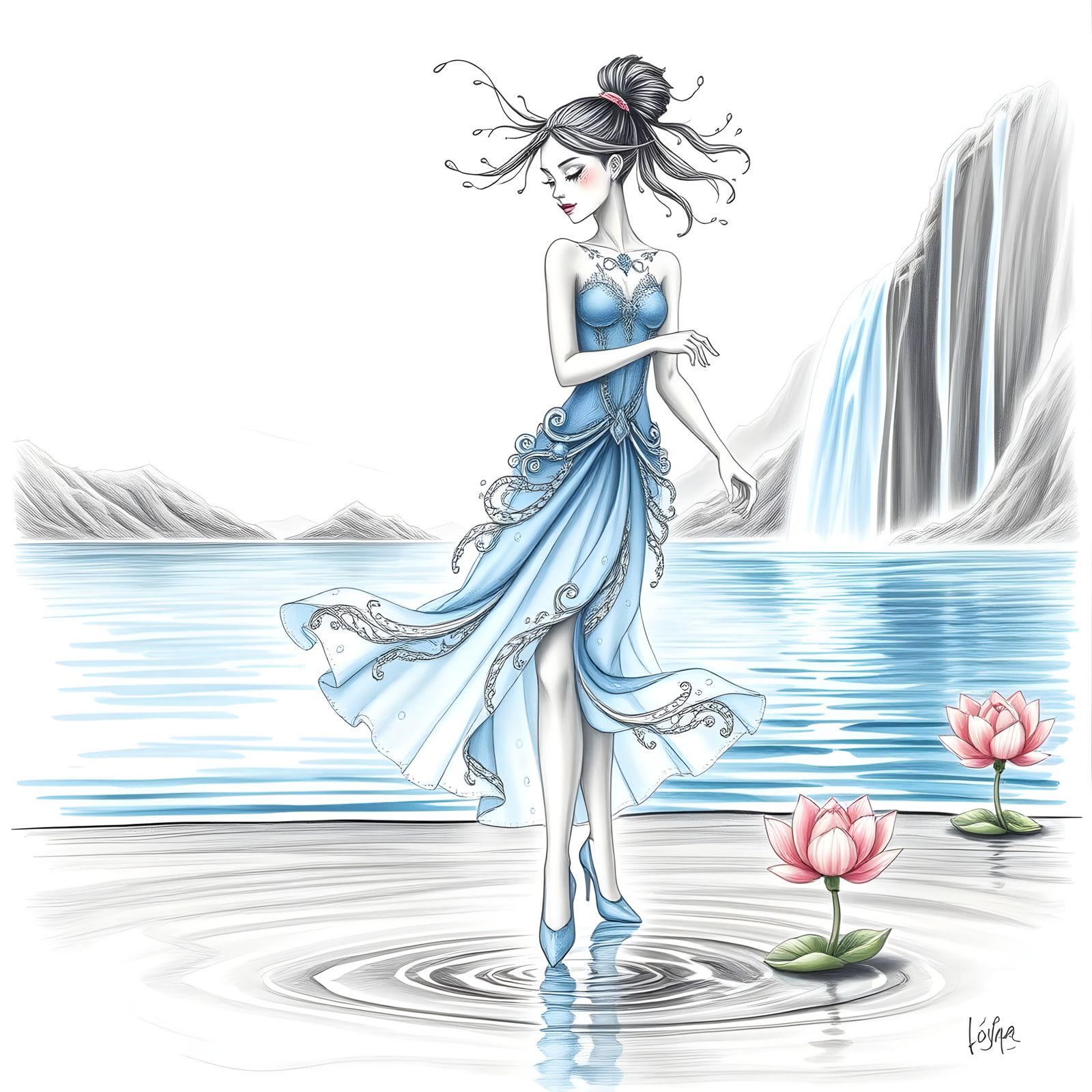 Whimsical Water Dancer in a Fantasy Lake Scene