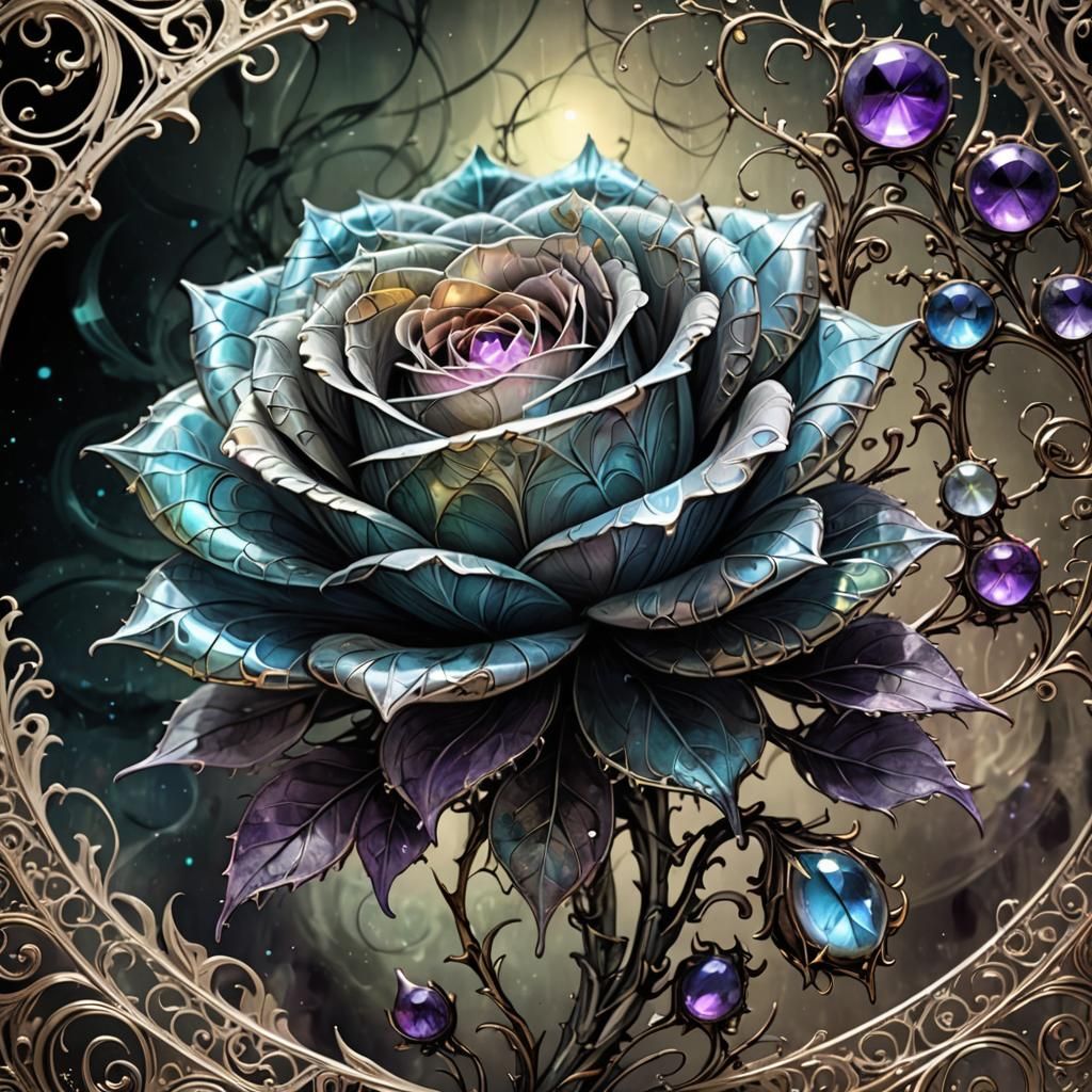 Luminous Labradorite Moonstone and amethyst pale ink masterpiece of Filigree Fractal wrapping around ...  by @Stacy