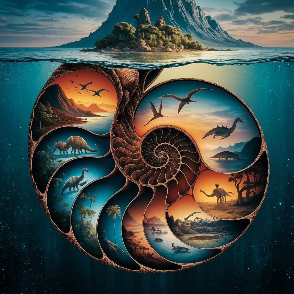 An ancient nautilus floats in a primordial ocean, its shell opened like a spiraled cross-section. Each ...  by @Jer Morgan