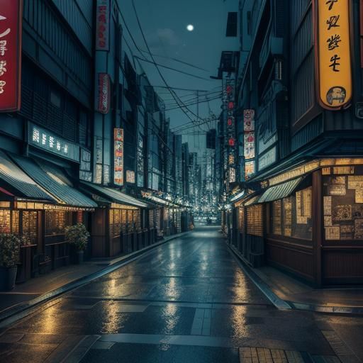Night street in Tokyo in 1884 abstract vector fractal, wave ...
