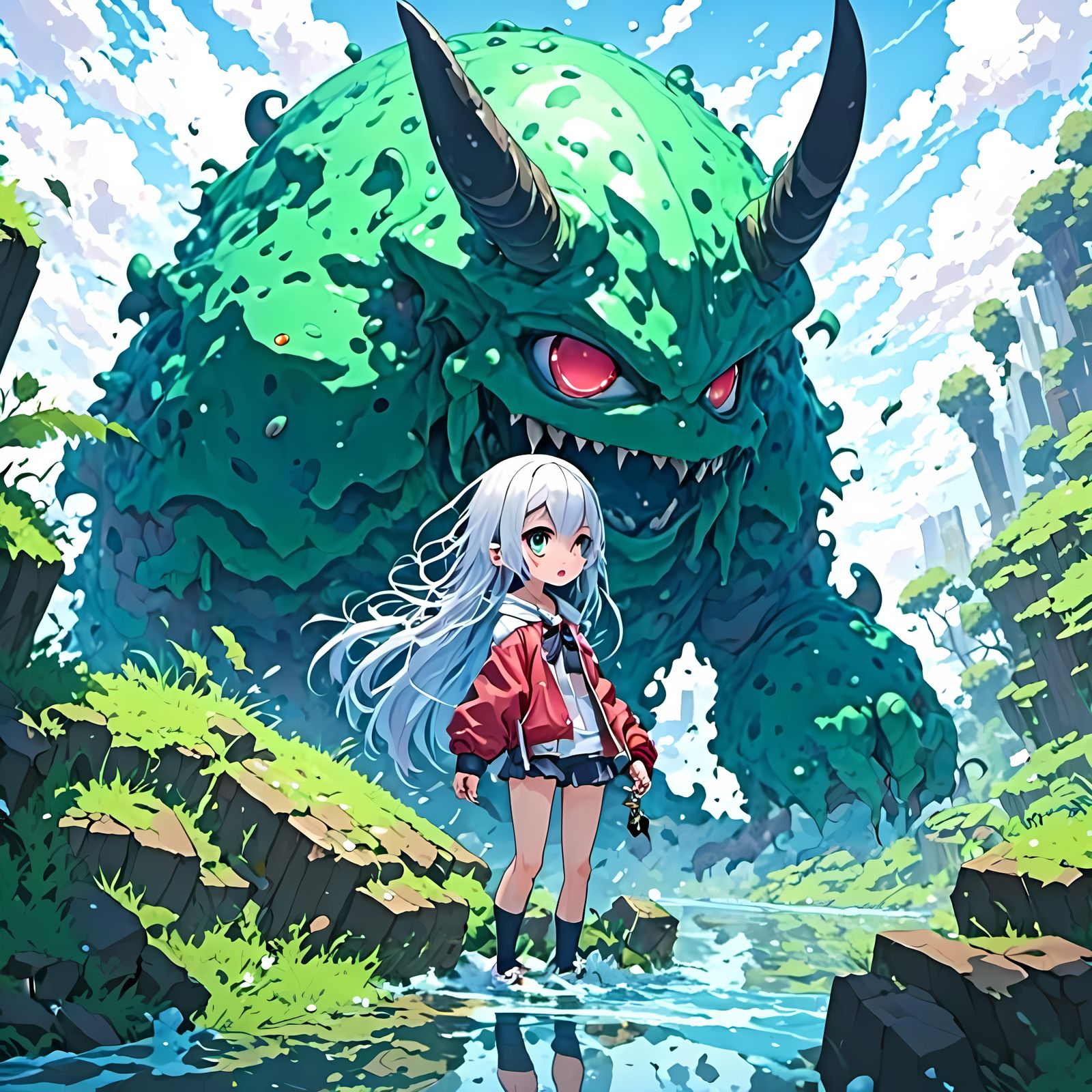 lora:AnimeInked:1.0> cute anime monster slime, liquid sinister slime  monster, short-height, RPG dungeon background - AI Generated Artwork -  NightCafe Creator