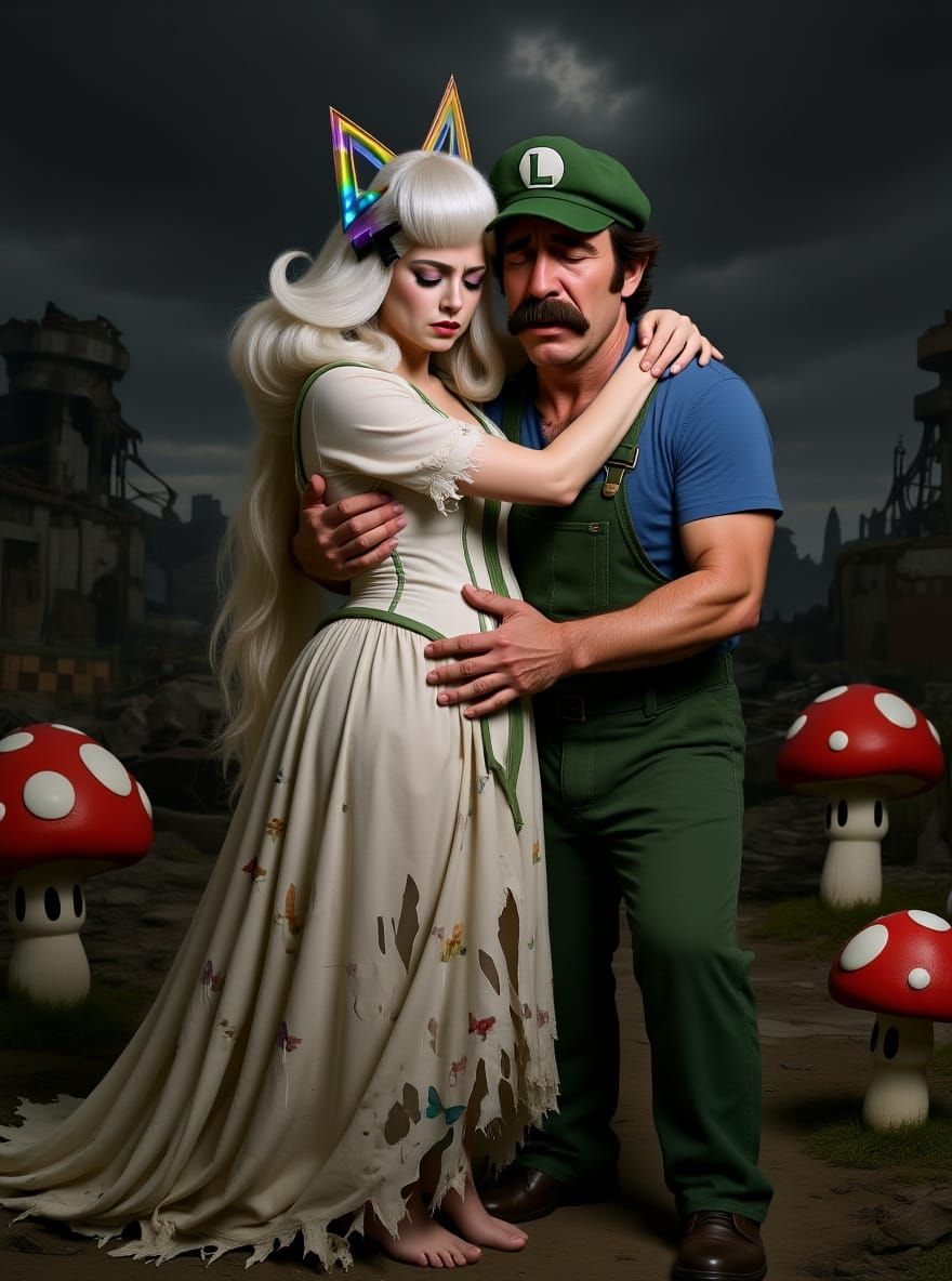 Live action Entire Full body perspective view Photorealistic handsome face of a model Luigi wearing his green and blue overalls outfit is cr...